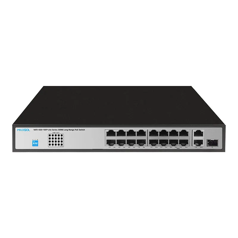 16-портовий комутатор Fast Ethernet PoE+ із гігабітними портами висхідного з’єднання